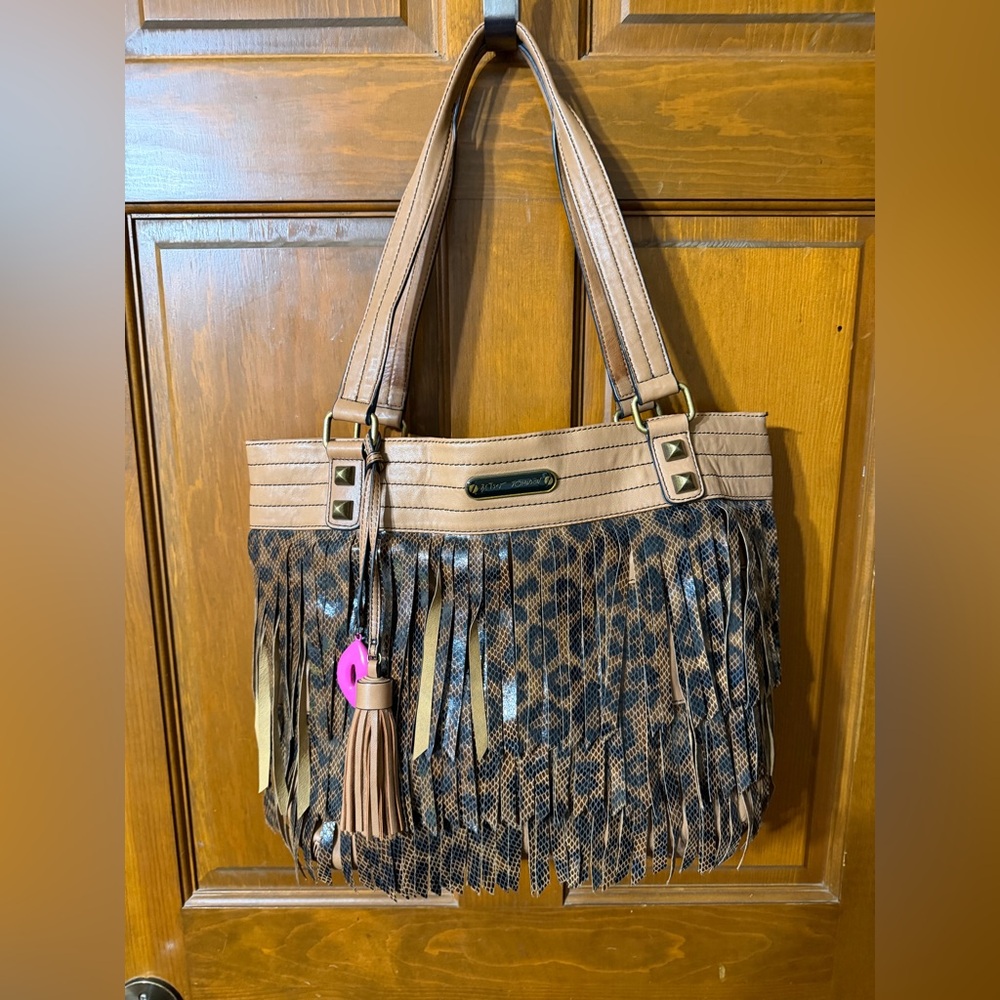 Betsey Johnson Vintage Leopard Fringe RARE Lamb Skin Leather Bag